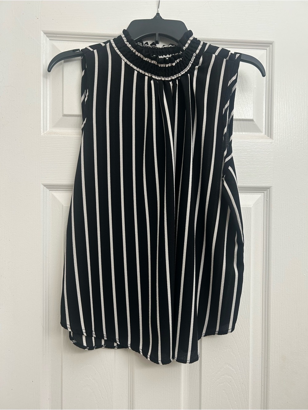 Black & White Striped Sleeveless Mock Neck Top